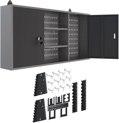 JZD Metal Wall Storage Cabinet with 22 Tool Hooks, for Garage Workshop Black & Grey