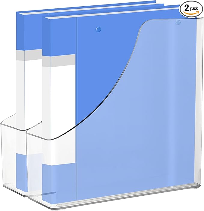 2 Pack Vertical File Holder Clear PET Desk Organizer and Storage Bins Holding for Magazines Binders Notebooks Envelopes File Organizer for Desk Multi-purpose Plastic Document Organizer Work Desktops