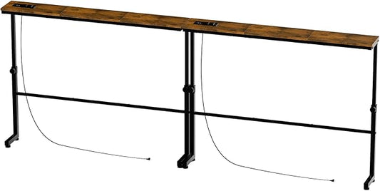 Aduanbang Adjustable Height Narrow Console Table with 2 Power Outlets, 78.8" Long x 5.9" Wide, Slim Behind Sofa Table, Rustic Brown – Ideal for Living Room, Entryway, or Hallway