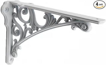 Decorative Shelf Bracket 8 inch, White Brackets for Shelving, Heavy Duty Vintage, DIY Projects, Hardware Included, 4 Pack, 7.87x5.6x1.73 inch,Baroque Style