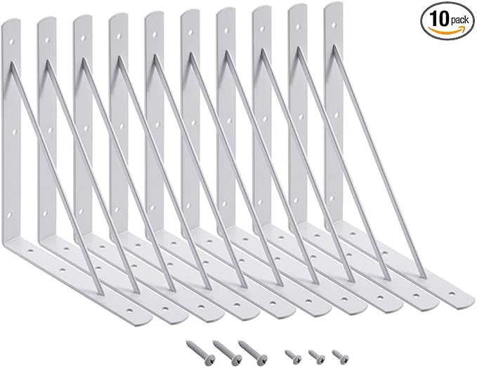 HOME MASTER HARDWARE 10 x 8 inch Metal Shelf Brackets, 90° Triangle L-Bracket, Wall Mount Supports for Floating Shelves w/ Screws, White 10-Pack
