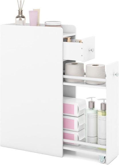 Tangkula Slim Bathroom Storage Cabinet, 4-Tier Narrow Small Side Storage Cabinet Next to Toilet, Slide Out Drawers on Casters, Bathroom Floor Organizer Toilet Paper Holder for Small Spaces (White)