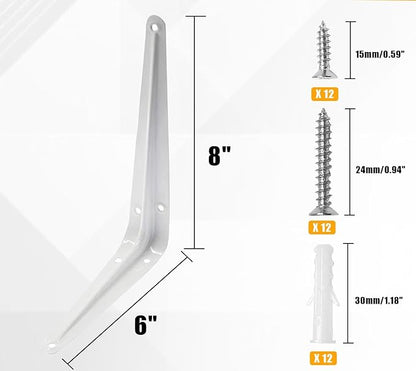 4 Pcs Shelf Brackets, 6 x 8 Inch Heavy Duty Metal Wall Corner Angle Shelving for Wall Hanging Shelves with Wall Anchors and Screws(White)