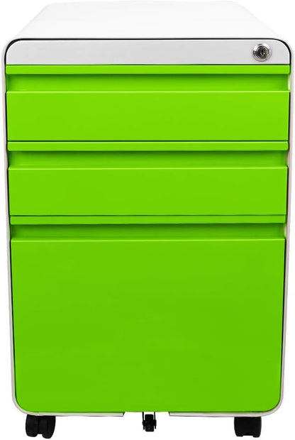 Dripex 3 Drawer File Cabinet, Metal Filing Cabinets with Lock Wheels & Hanging Rail for A4/Legal/Letter File, Anti-tilt Under Desk Design, Lockable Rolling Mobile File Cabinet for Home Office (Green)