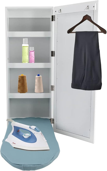 Ironing Board Cabinet Wall Mounted, Cabinet with Built-in Ironing Board, Foldable Ironing Storage Station with Mirror for Home, Apartment & Small Spaces, Easy-Release Lever