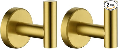 JQK Bathroom Towel Hook Brushed Gold, Brass Coat Robe Clothes Hook for Bathroom Kitchen Garage Wall Mounted (Pack of 2), SUS 304 Stainless Steel 0.8mm, TH100-BG-P2