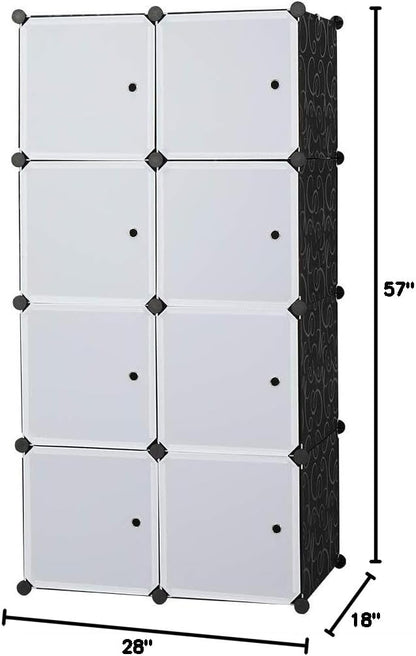 8 Cube Organizer Stackable Plastic Cube Storage Shelves Design Multifunctional Modular Closet Cabinet with Hanging Rod White Doors and Black Panels