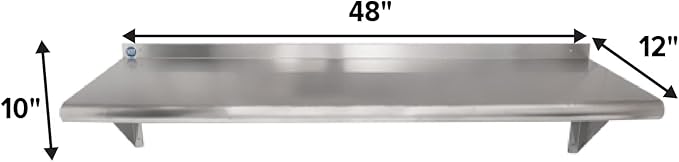 NSF Certified 18 Gauge Heavy Duty Stainless Steel Wall Shelf with Brackets for Kitchens, Utility Rooms, Storage, Offices & Home (48"x12")