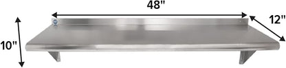 NSF Certified 18 Gauge Heavy Duty Stainless Steel Wall Shelf with Brackets for Kitchens, Utility Rooms, Storage, Offices & Home (48"x12")