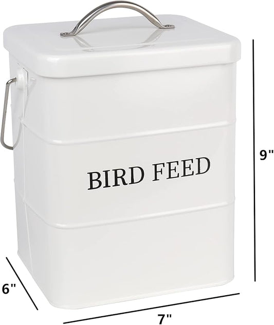 DEAYOU Pet Food Storage Tin with Lid, Metal Bird Seed and Feed Container with Serving Scoop, Treats Storage Canister Bin Can for Dogs, Cats Food, Coated Carbon Steel, Tight Fitting Lid, White, 5-6 Lbs