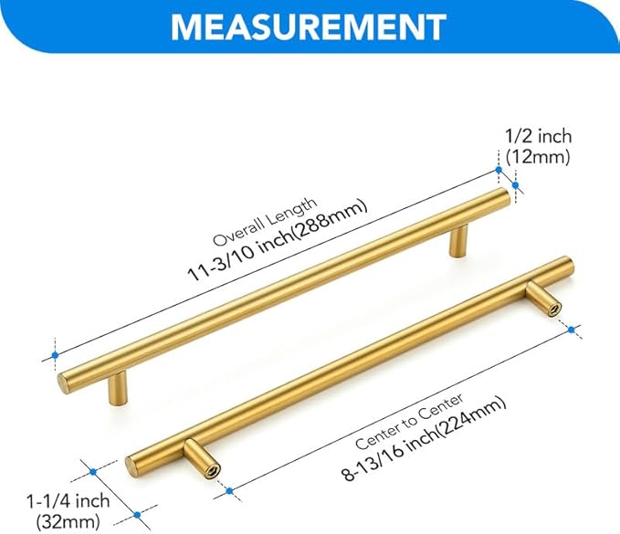 Brushed Brass Cabinet Handles 8-3/4 Inch Hole Spacing Stainless Steel Drawer Pulls for Cabinets, Dresser, Bathroom 5 Pack
