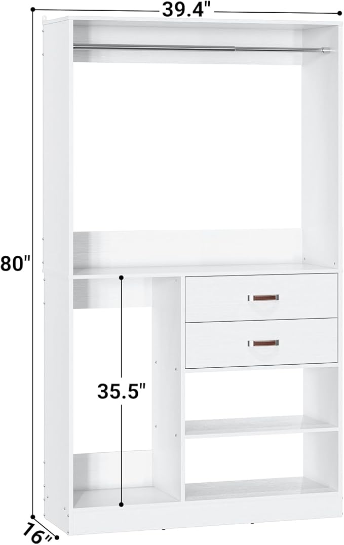 Armocity Freestanding Closet System with Suitcase Storage, 40 Inches Stand-Alone Wardrobe with 2 Wood Drawers, 80'' Height Adjustable Cloth Garment Rack, Walk-in Closet with Hanging Rod, White