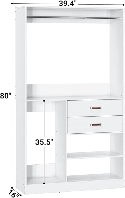 Armocity Freestanding Closet System with Suitcase Storage, 40 Inches Stand-Alone Wardrobe with 2 Wood Drawers, 80'' Height Adjustable Cloth Garment Rack, Walk-in Closet with Hanging Rod, White