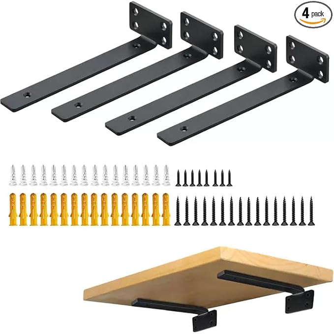 Alise Floating Shelf Brackets Black, 4 Pcs L Brackets for Shelves, 8'' Hidden Invisible Shelf Brackets, 1/5" Inch Thick Heavy Duty Metal Wall Shelf Support Corner Brackets for Home and Mounting Shelf