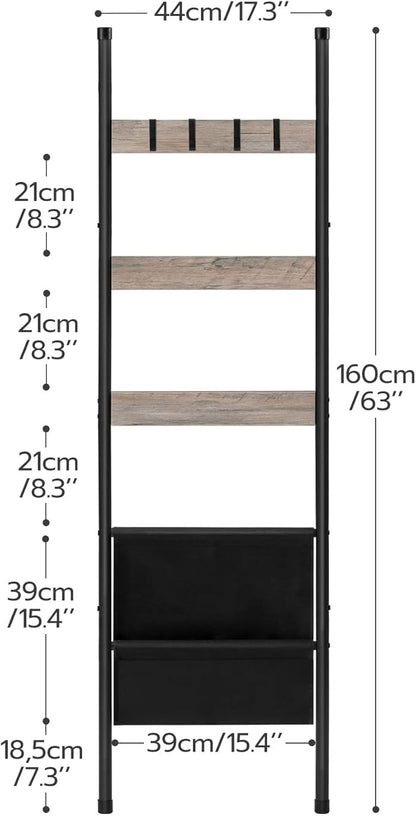 HOOBRO Blanket Ladder, 5 Tier Towel Rack, 17.3" L x 63" H, Wall-Leaning Blanket Rack for Living Room, Decorative Ladder with 4 Hooks and Magazine Pocket, Greige BG32CJ01