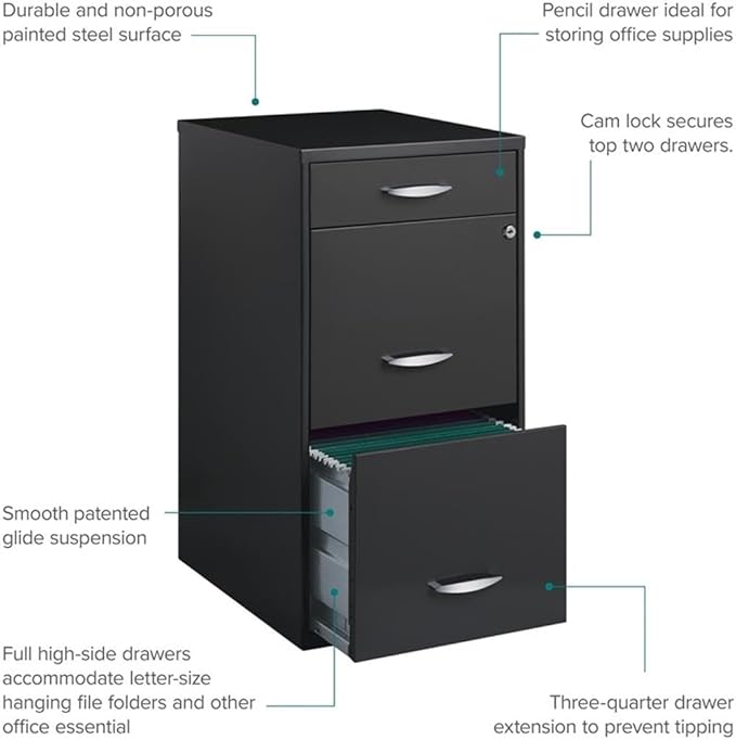 Scranton & Co 3-Drawer Metal Filing Cabinet, 27.32" H x 14.25" W x 18.00" D, Charcoal Finish, Lockable Lateral File Cabinet for Home or Office Organization, Letter Size Hanging File Storage