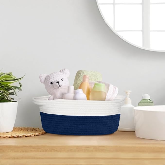Woven Cotton Rope Gift Basket, Small Baskets for Gifts Empty, Cute Baby Nursery Basket, Pet Toy Storage Bin for Dog Cat, Decorative Wicker Home Organizer with Handles, 12"x 8"x 5", Blue