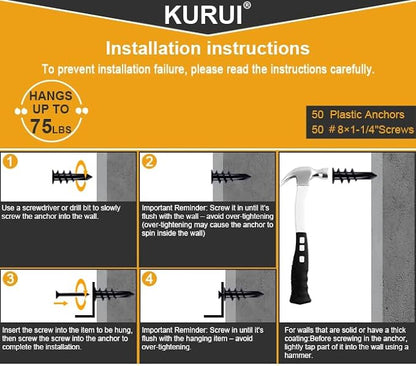 KURUI 140Pcs #8 Self Drilling Drywall Anchors with Screws Kit, Heavy Duty Dry Wall Anchors for Hanging Sheetrock, 50 Self-Tapping Plastic Drywall Hangers 50 Sheet Rock Screws, Mounting Hardware -75LB
