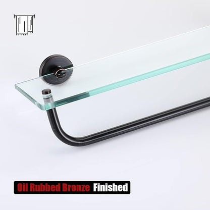 JQK Bathroom Glass Shelf Bronze, Shelf with 19 Inch Towel Bar Tempered Glass Shower Storage 20 by 5 inches, 304 Stainless Steel Oil Rubbed Bronze Wall Mount, TGS100L20-ORB