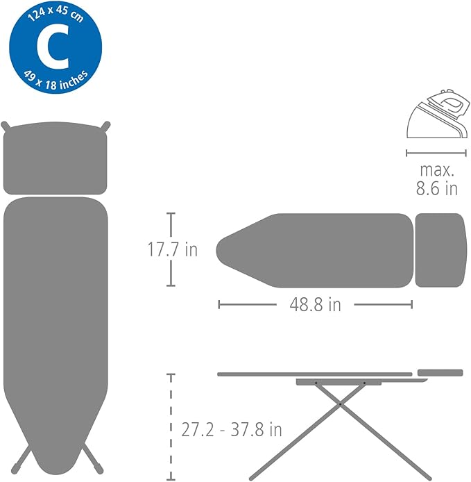 Brabantia - Ironing Board C - Extra Large Steam Unit Holder - Adjustable in Height - Non-Slip Rubber Feet - Cotton Cover with Foam Layer - Foldable XL Unit - Soothing Sea - 49 x 18 inches