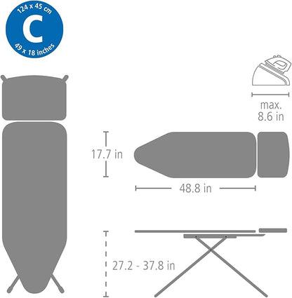 Brabantia - Ironing Board C - Extra Large Steam Unit Holder - Adjustable in Height - Non-Slip Rubber Feet - Cotton Cover with Foam Layer - Foldable XL Unit - Titan Oval - 49 x 18 inches