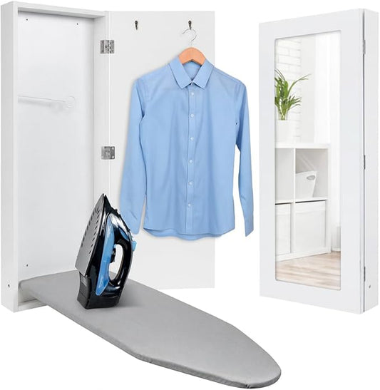 Ivation Wall-Mounted Ironing Board Cabinet with Mirror, Foldable Ironing Storage Station for Home, Apartment, Easy-Release Lever, Garment Hooks, White