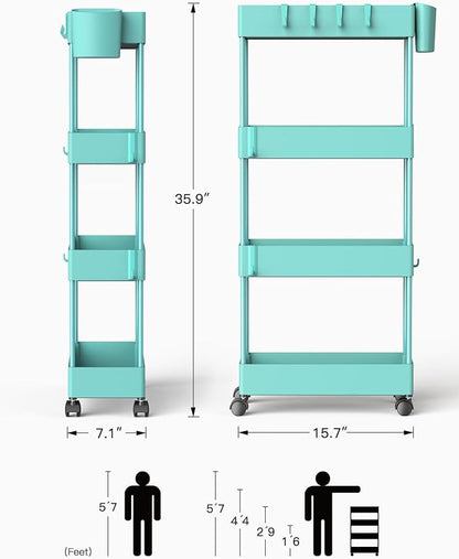 Pipishell Slim Storage Cart with Wheels, 4 Tier Bathroom Storage Organizer Rolling Utility Cart for Bathroom Kitchen Laundry Room Office Narrow Place (Turquoise)