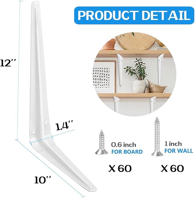 20 Pack Shelf Brackets 12 Inches White, Heavy Duty Steel Metal L Brackets for Shelves, J Brackets Wall Angel Corner Brace for Wood Board