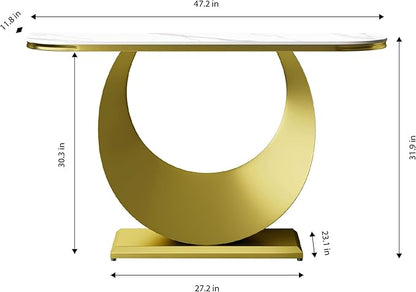 47.2" Premium Half-Console Table with Faux Marble Top & Gold Metal Base,Long Narrow Entryway Table for Hallway,Sofa Table & Accent Furniture for Foyer,Living Room,Bedroom,White & Gold