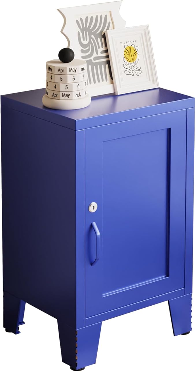 ALBAD Metal Nightstand with Lockable Cabinet, Compact Mini Locker Bedside Table for Kids & Adults, Modern Steel Side Table for Bedroom, Dorm, or Living Room (Blue)