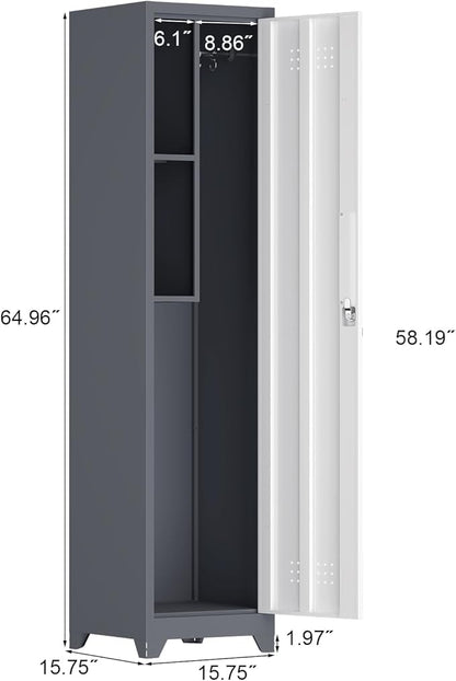 Storage Cabinet,Slim Broom Closet Storage Cabinets with Lockable Doors,Narrow Utility Cabinets with Hanging Rod,Tall Broom Closet for Laundry,Home Office,Grey-White