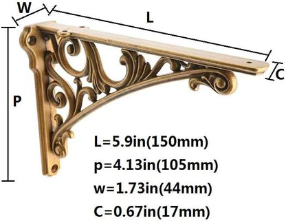 Decorative Shelf Bracket 8 inch, Antique Brass Shelf Brackets for Shelving, Heavy Duty Vintage, DIY Projects, Hardware Included, 2 Pack, 7.87x5.6x1.73 inch,Baroque Style