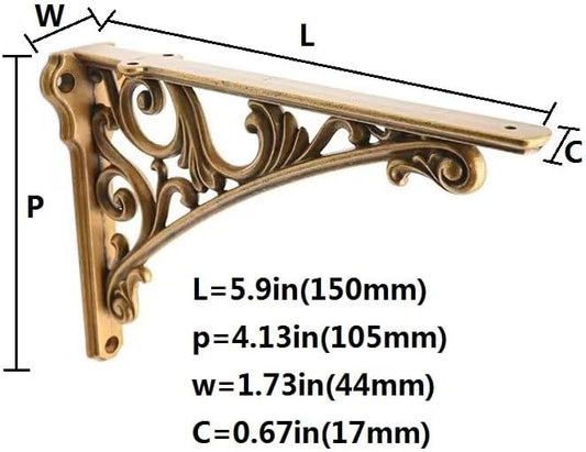 Decorative Shelf Bracket 8 inch, Antique Brass Shelf Brackets for Shelving, Heavy Duty Vintage, DIY Projects, Hardware Included, 2 Pack, 7.87x5.6x1.73 inch,Baroque Style