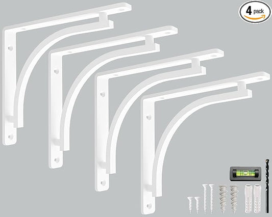 Classic White Heavy Duty Shelf Brackets 8 inch by Balin Designs – L Bracket, Wall Mounted Support, Shelving Metal Bracket, Decorative Shelf Brackets, with Hardware Included, Set of 4