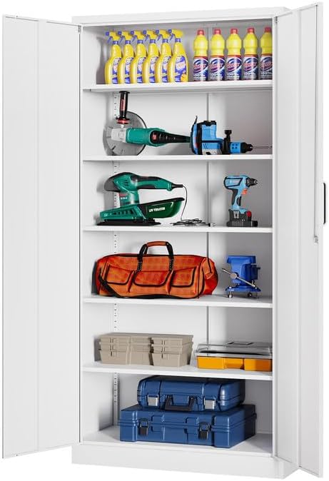 Metal Garage Cabinets, 72" Tall Locking Storage Cabinet with 2 Doors and 5 Adjustable Shelves, Steel Utility Tool Caninet, White Lockable Outdoor Storage Cabnet for Pantry, Garage, Home Office