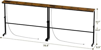 Aduanbang Adjustable Height Narrow Console Table with 2 Power Outlets, 78.8" Long x 5.9" Wide, Slim Behind Sofa Table, Rustic Brown – Ideal for Living Room, Entryway, or Hallway