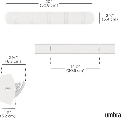 Umbra Flip Wall-Mounted Coat Rack with 5 Hooks – Modern, Space-Saving Storage for Hats, Jackets, Bags, Entryway, Mudroom, Closet, Bathroom, Bedroom – White/White