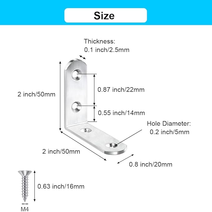 20 Pack L Bracket Corner Braces 2 Inch Stainless Steel Heavy Duty Shelf Bracket for Wood Shelves, Wall Hanging Support 90 Degree Joint Right Angle Brackets with Screws
