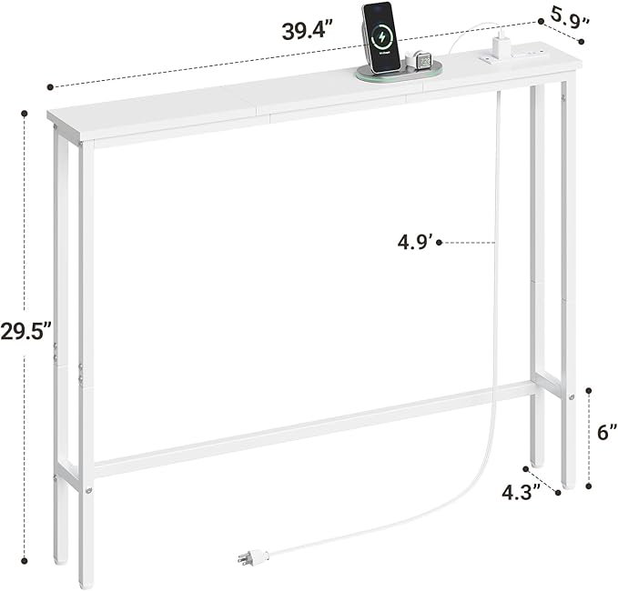 ELYKEN 5.9" Narrow Console Sofa Table with Power Outlets, Total 39.4” Long Behind Couch Table with Charge Station and 5.9’ Extension Cord for Living Room, 5.9" D x 39.4”W x 29.5”H, White