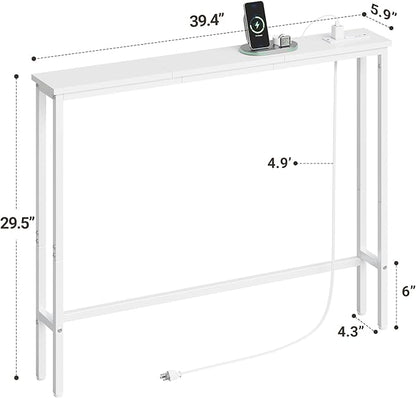ELYKEN 5.9" Narrow Console Sofa Table with Power Outlets, Total 39.4” Long Behind Couch Table with Charge Station and 5.9’ Extension Cord for Living Room, 5.9" D x 39.4”W x 29.5”H, White