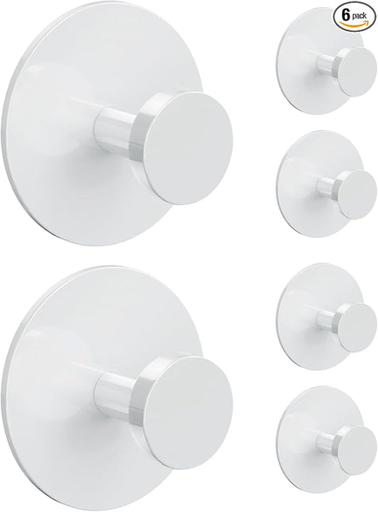 White Adhesive Wall Hook for Coat and Towel: Extra Sticky 12 LB (Max), Stainless Coat Rack Door Holder Hanger, 6-Pack Heavy Duty