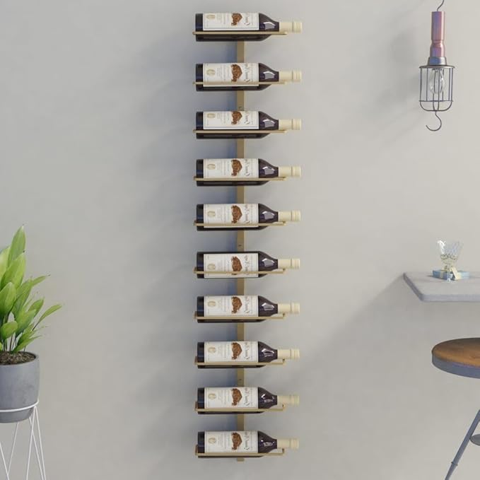 vidaXL Wall-Mounted Wine Rack – Holds 10 Bottles – Gold Metal Bottle Holder – Wine Storage for Modern Kitchens/Pantries/Bars – 47.2" Height