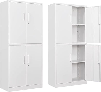 Yizosh Metal Storage Locking Cabinet with 4 Doors and 2 Adjustable Shelves,71" Lockable Garage Tall Steel Cabinet,for Home Office,Living Room,Pantry,Gym,Commercial Storage (White)