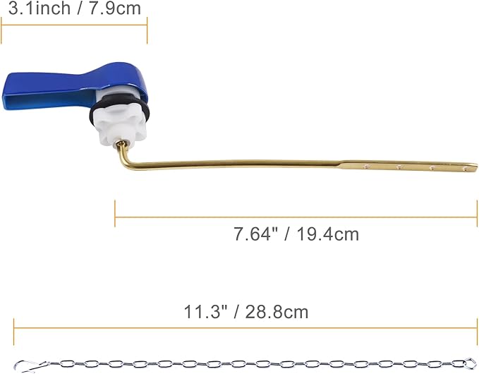 Hibbent Universal Metal Front Mount Toilet Handle Replacement Kit, Brass Toilet Flush Tank Lever with Stainless Steel Flapper Chains for Most Toilets, Blue