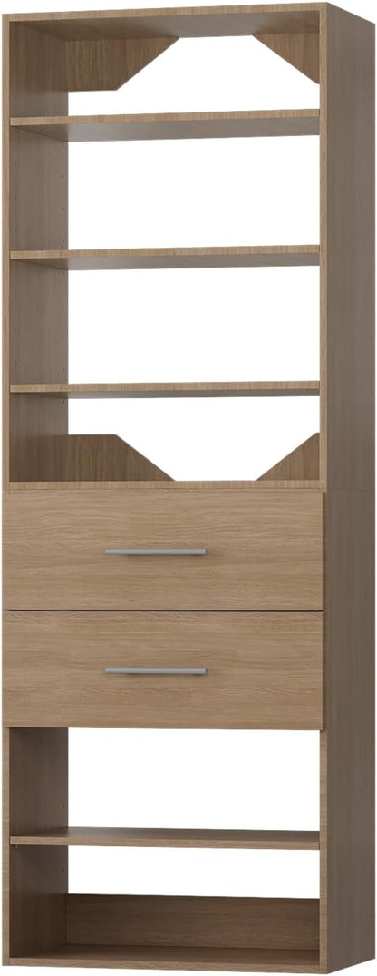 ROOMTEC Modular Closet System, 25.5" 2 Drawer Shelf Closet Tower Wall-Mounted Closet Organizer, Wooden Tower for Walk-In Closets, Wardrobe Storage Kit, Wood