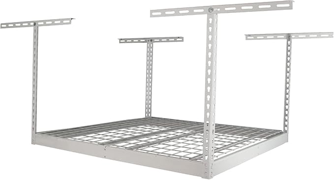 SafeRacks Overhead Garage Storage Rack - Heavy Duty Racks for Garage with 250 lb Capacity, Easy Garage Shelving, Adjustable Storage Rack, Ceiling Mount Storage Shelves 4x4 White (24"-45")