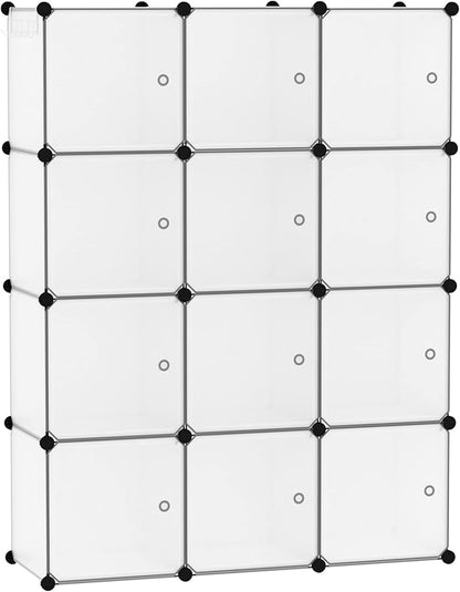 C&AHOME Cube Storage Organizer with Doors, 12-Cube Shelves, Closet Cabinet, DIY Plastic Modular Bookshelf Ideal for Bedroom, Living Room, 36.6”L x 12.4”W x 48.4”H Transparent White USHS3012W-DOOR