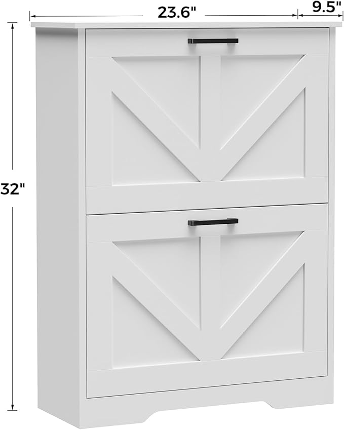 Farmhouse Shoe Cabinet for Entryway with Barn-Style Flip Drawers, Narrow Shoe Storage Organizer with Top Display Shelf, Adjustable Shelves, Shoe Rack for Hallway, Closet- (White, 24")