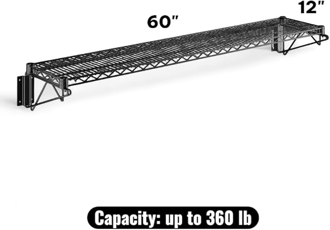 12" x 60" Black Wall-Mounted Wire Shelf with Epoxy Coating, Heavy-Duty Steel Storage Rack, NSF Certified, Easy Installation, Open Wire Design for Kitchen, Garage, or Utility Storage