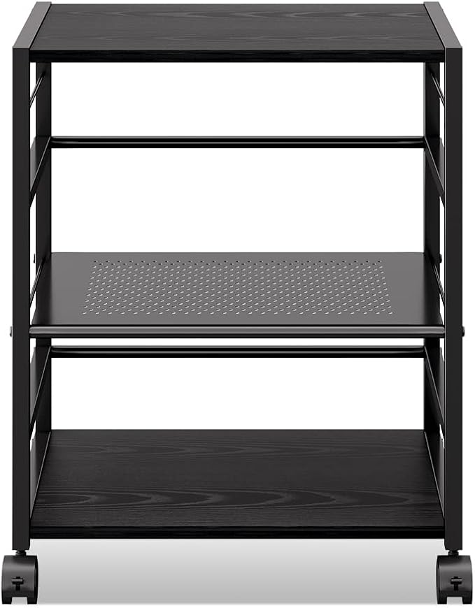 DEVAISE Mobile 3-Shelf Printer Stand with Adjustable Shelves, Modern Printer Cart with Large Storage Space, Printer Stand for Home Office, Black